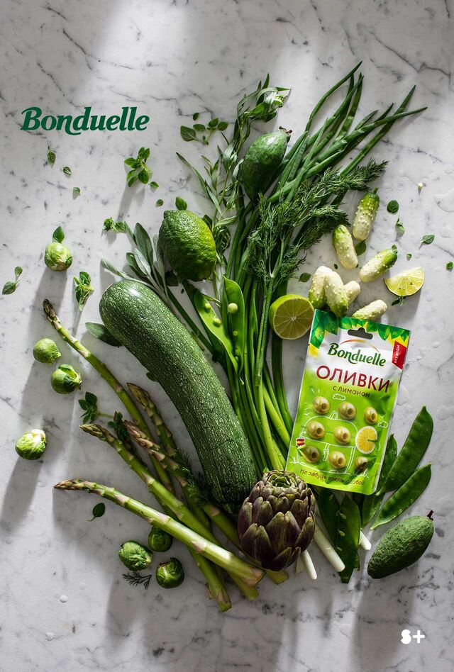 Проект Bonduelle. Идея, фуд-стайлинг, компоновка, фотосъемка композиций. Фотосъемка зеленых овощей. Фуд-стилист, фотограф Слава Поздняков.